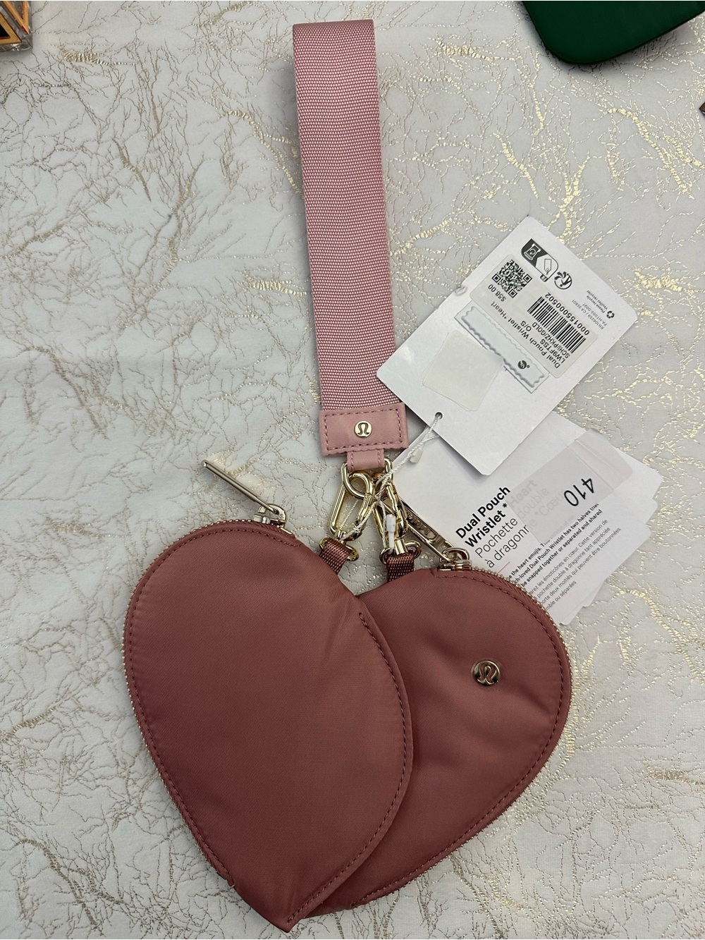 NWT lululemon Dual Pouch Wristlet Heart in the Spiced Chai/Pink Haze/Gold